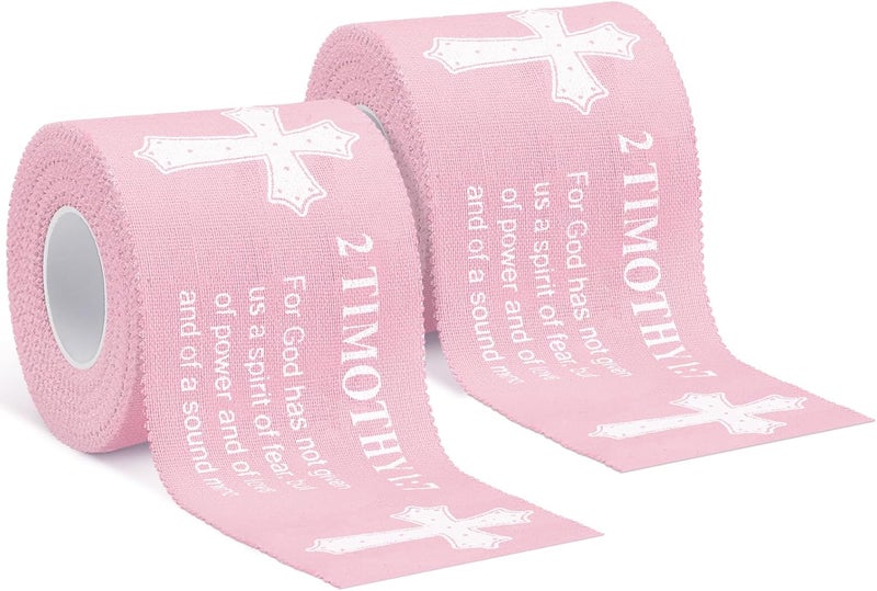 MiniInflat 2 Pcs Christian Cross Athletic Tape Sports Tape 2in x 23ft Religion Jesus Wrist Wrap for Soccer Football Baseball Gymnastics Christian Gift for Good Friday Easter(Pink,2 Timothy) - Image 1